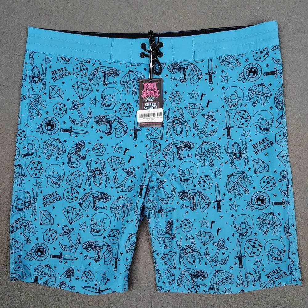 Rebel Reaper Boardshorts Swim Trunks Men 2XL Blue Tattoo Print Skull Biker New